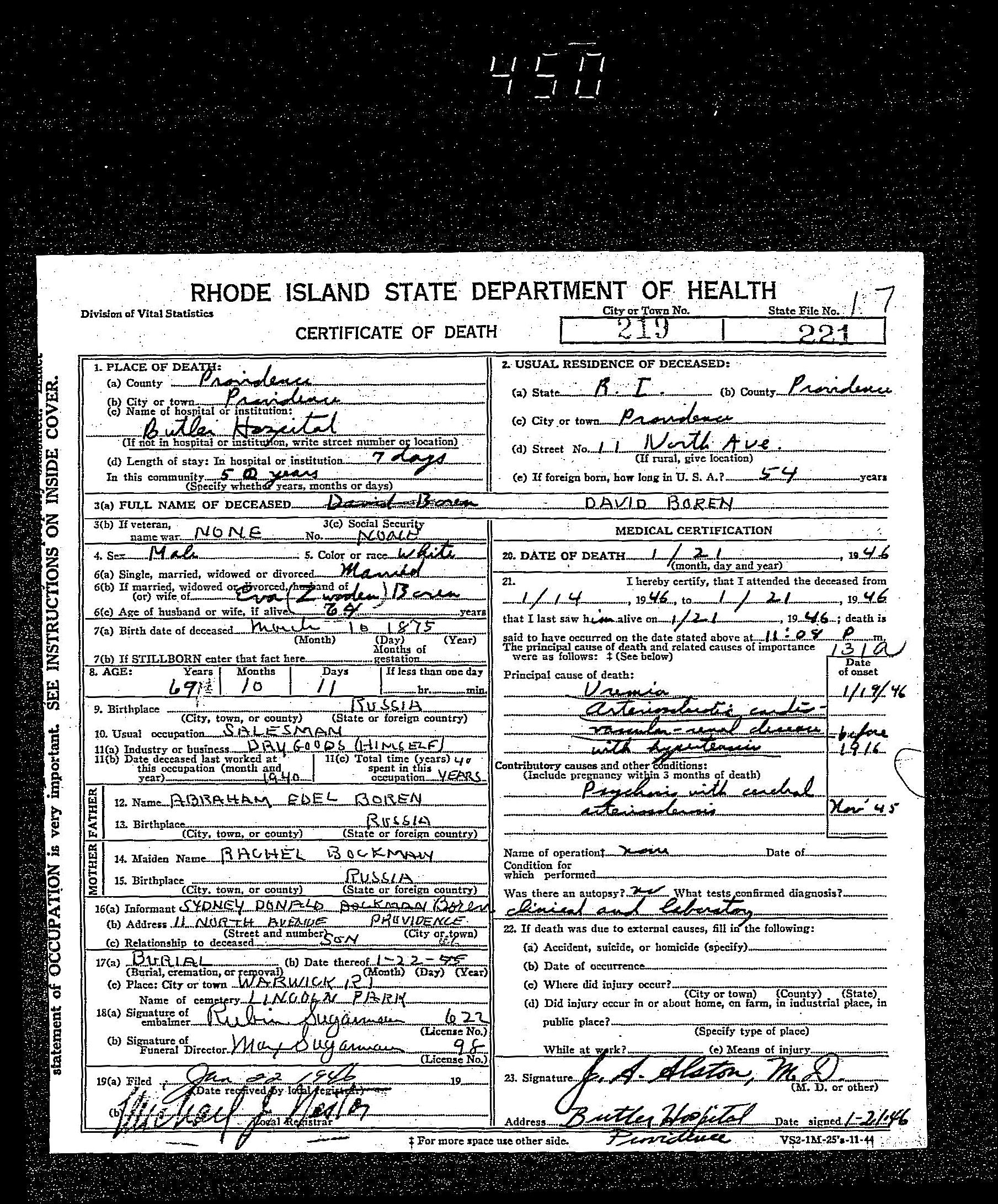 David Boren | Certificate of Death